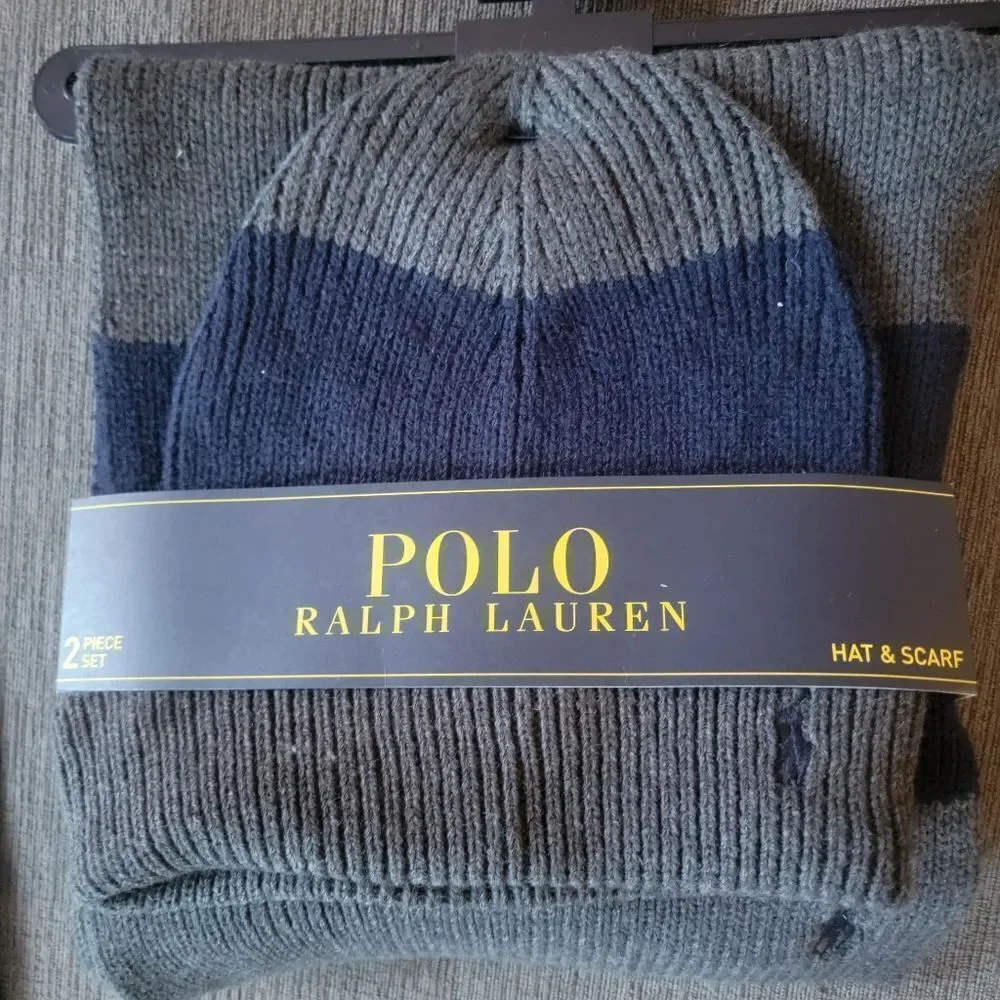 Polo Ralph Lauren Men's grey and navy 2 Piece Set Hat & Scarf Lambswool…